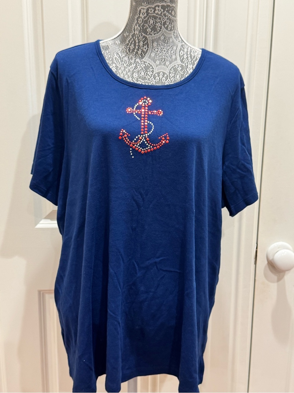 Quacker Factory Navy Short Sleeve Tee w/ Rhinestone Anchor Sz. 2X Cottage-core